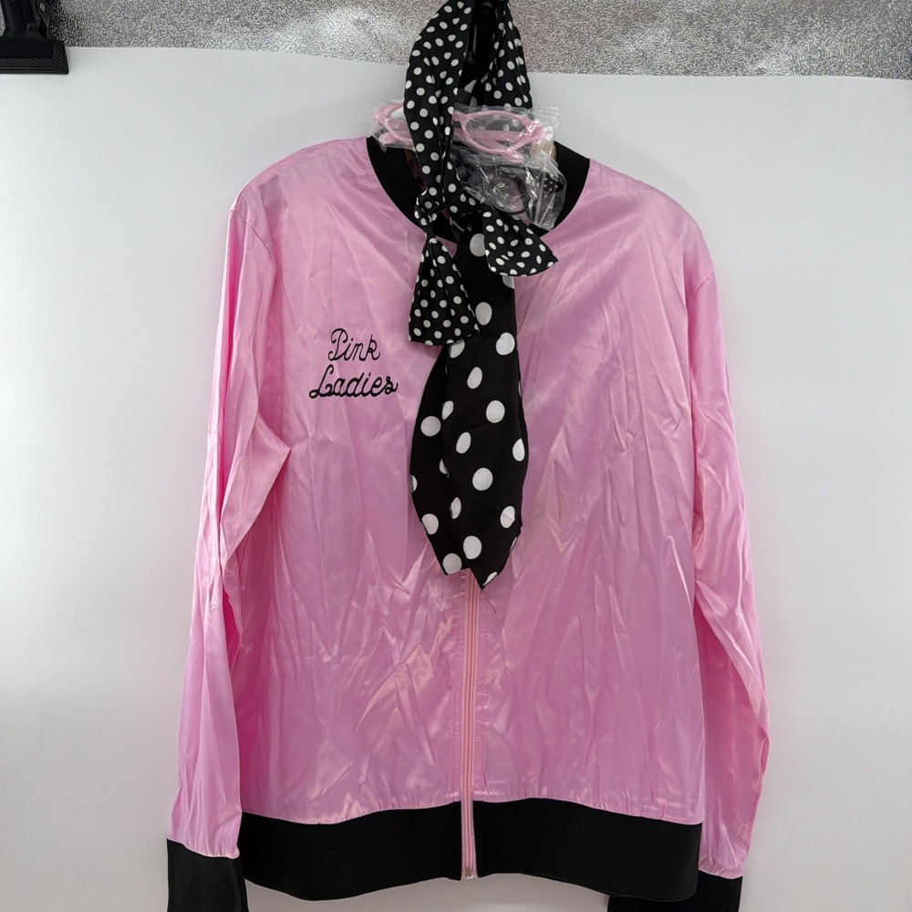 Pink Ladies Pink Satin Zip-Up Jacket w/ Black & White Polka Dot Scarf Glasses XL